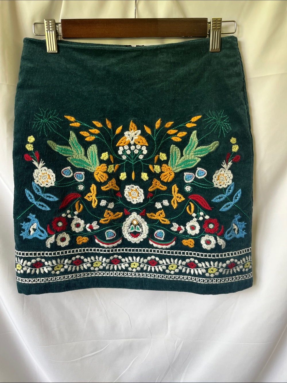 Embroidered Teal Corduroy Mini Skirt